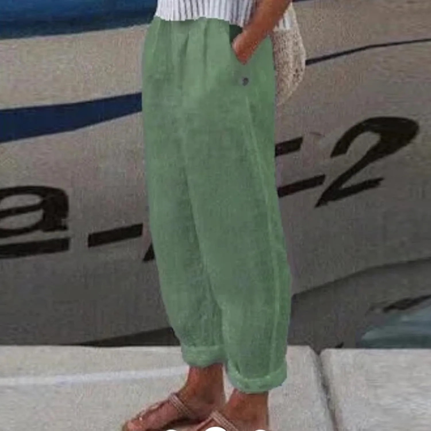 Beach Pants for Women Boho Style Cotton Linen Palazzo Trousers Drawstring Elastic Waist Summer Lounge Travel Pants