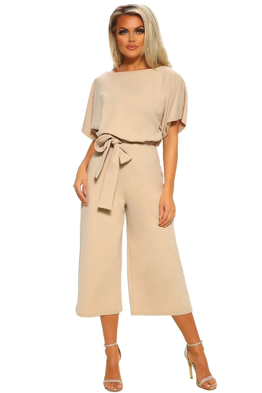 Beige Apricot Culotte Belted Jumpsuit