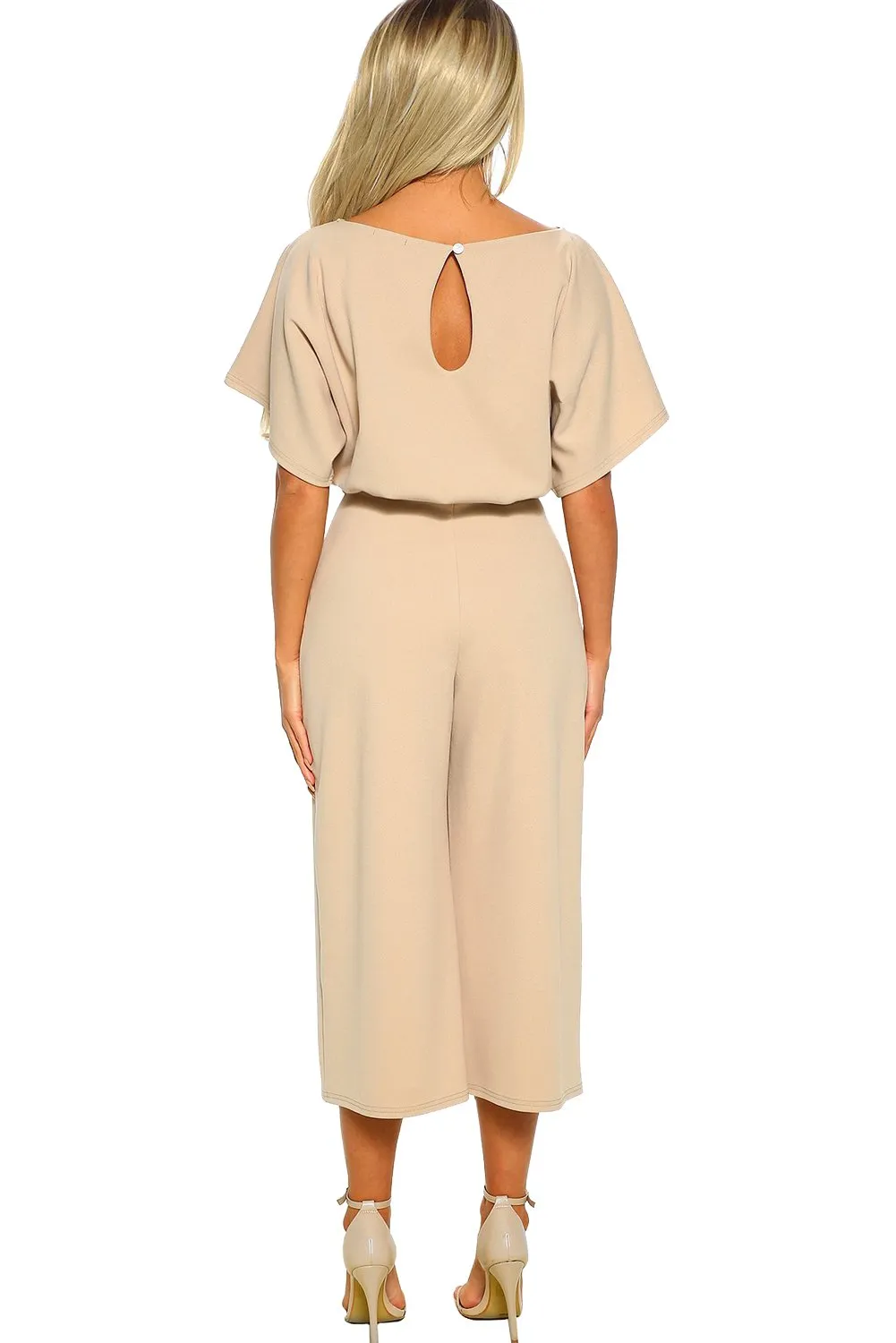 Beige Apricot Culotte Belted Jumpsuit