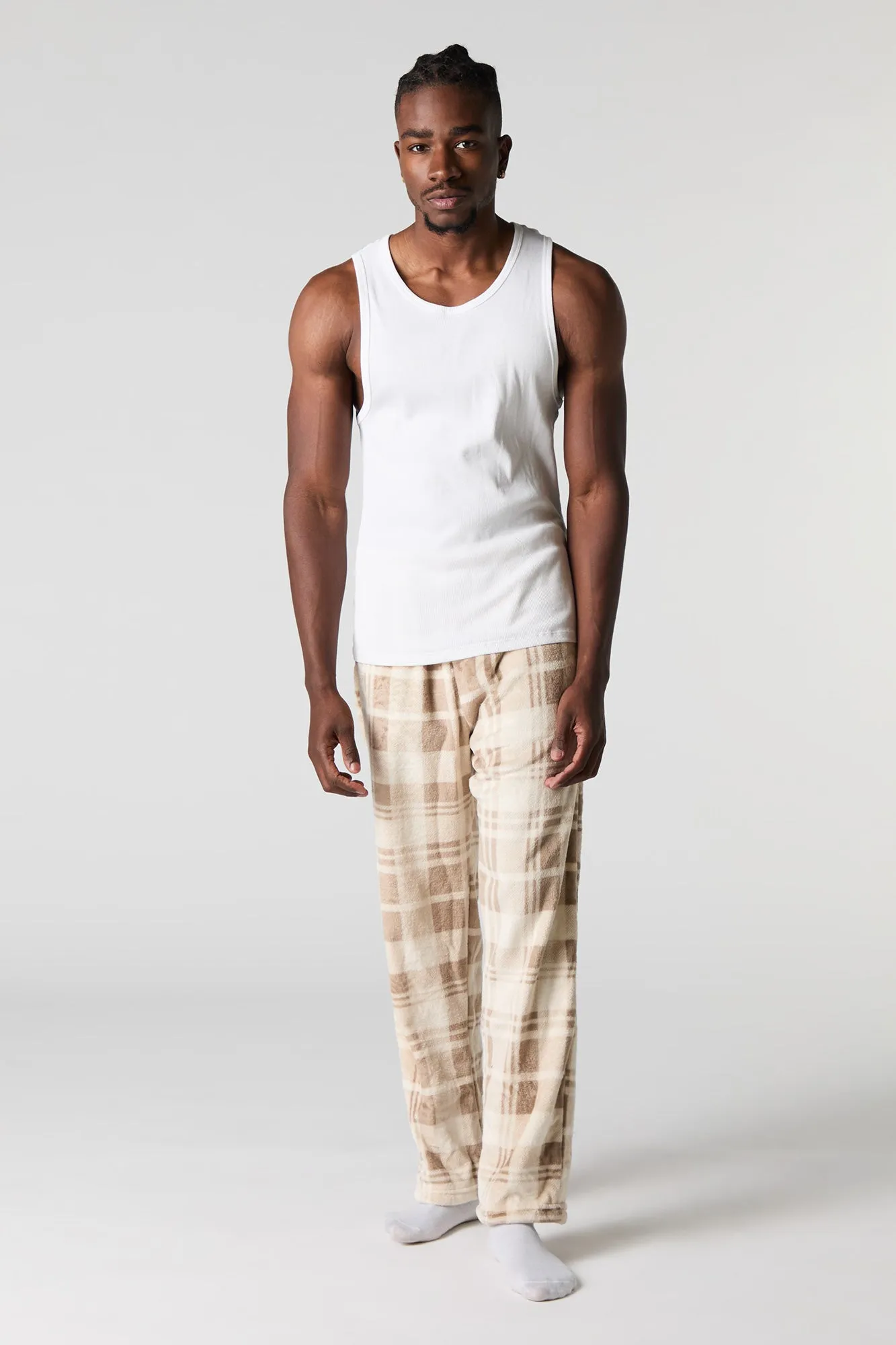 Beige Plaid Plush Pajama Pant