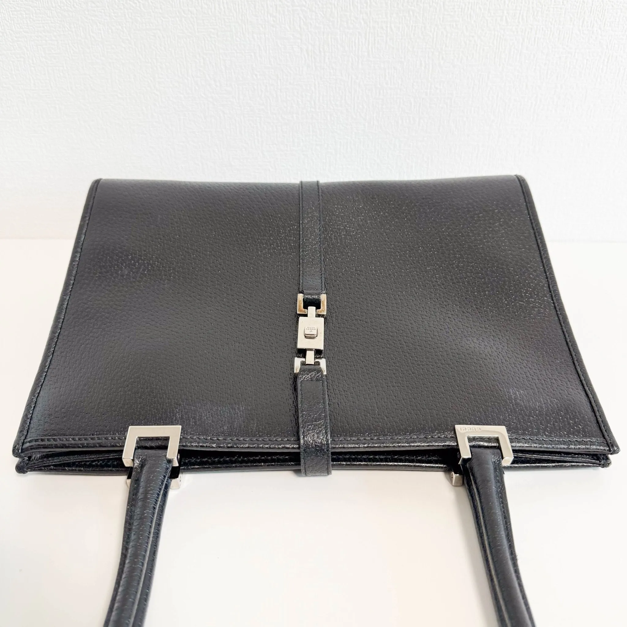 Black Leather Jackie Tote Handle Bag