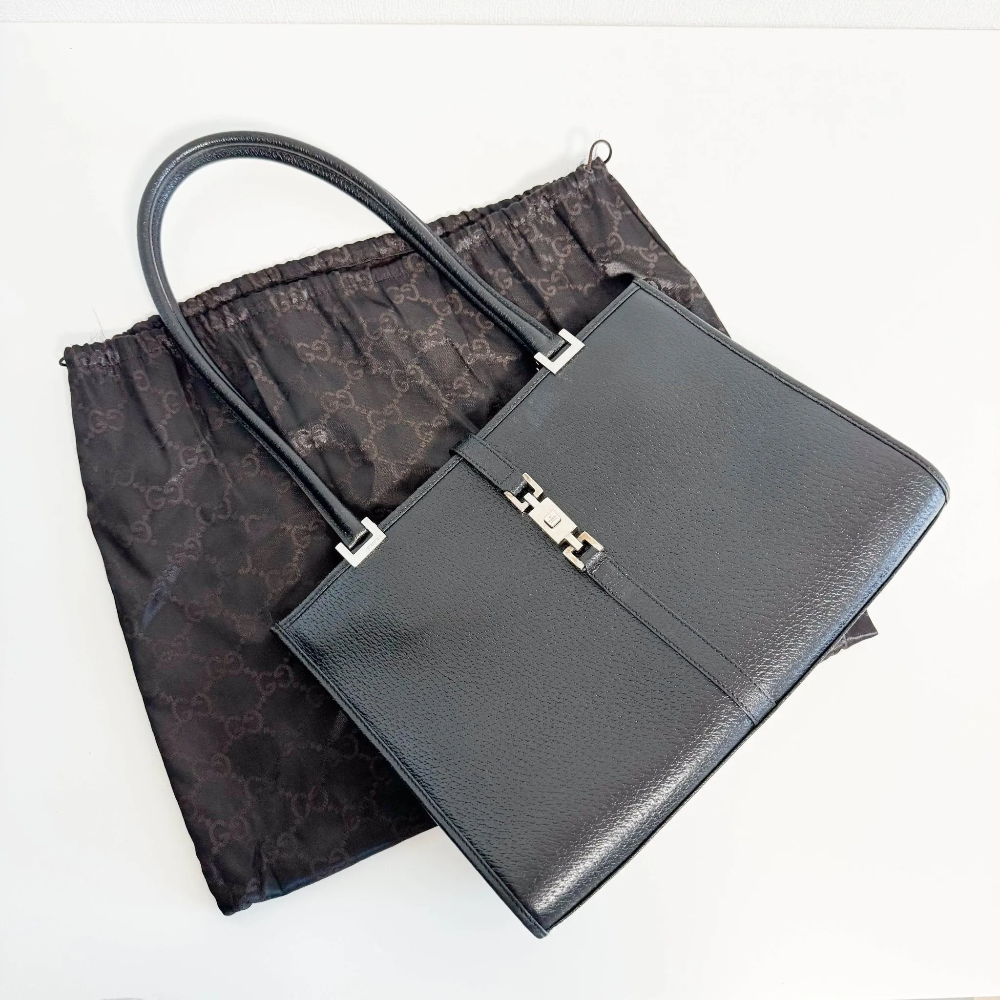 Black Leather Jackie Tote Handle Bag