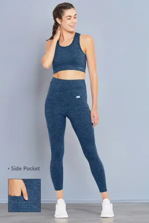 Blue Poly Spandex High Rise Tights With Side Pocket