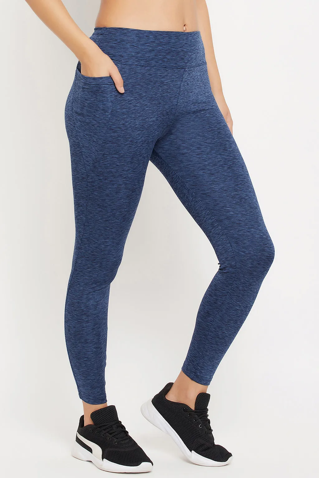 Blue Poly Spandex High Rise Tights With Side Pocket