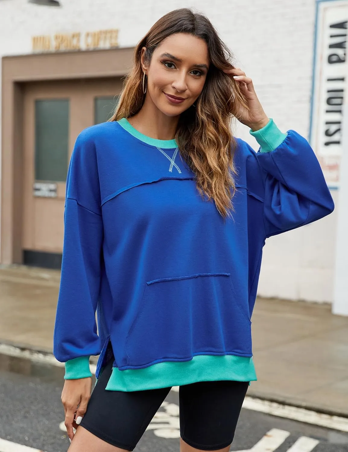 BMJL Women's Oversized Sweatshirts Casual Crewneck Pullover Hoodies Color Block Reverse Seam Y2K Fall Shirts