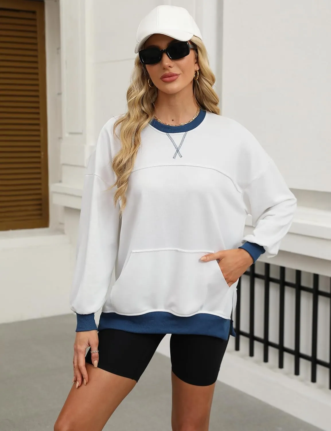 BMJL Women's Oversized Sweatshirts Casual Crewneck Pullover Hoodies Color Block Reverse Seam Y2K Fall Shirts