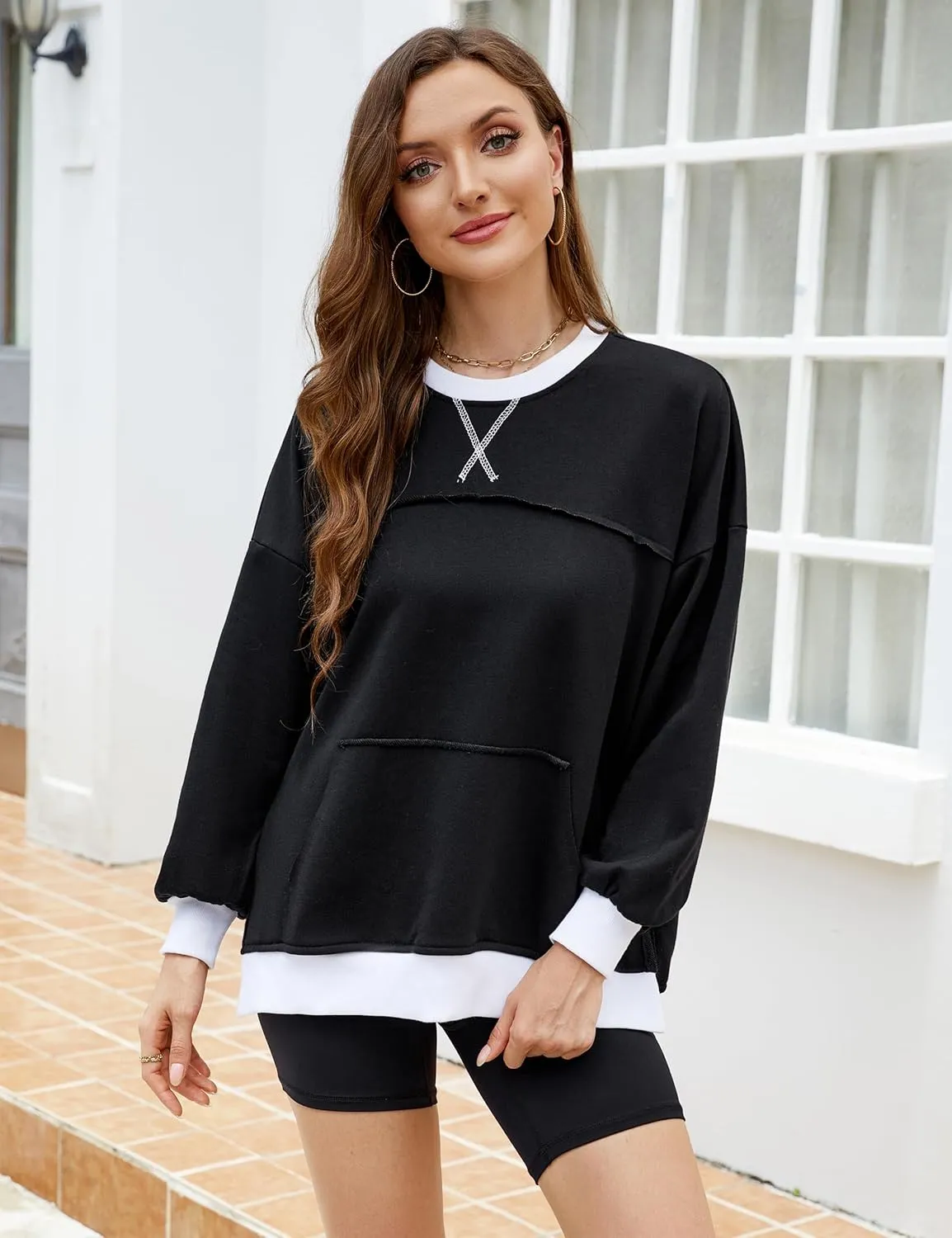 BMJL Women's Oversized Sweatshirts Casual Crewneck Pullover Hoodies Color Block Reverse Seam Y2K Fall Shirts