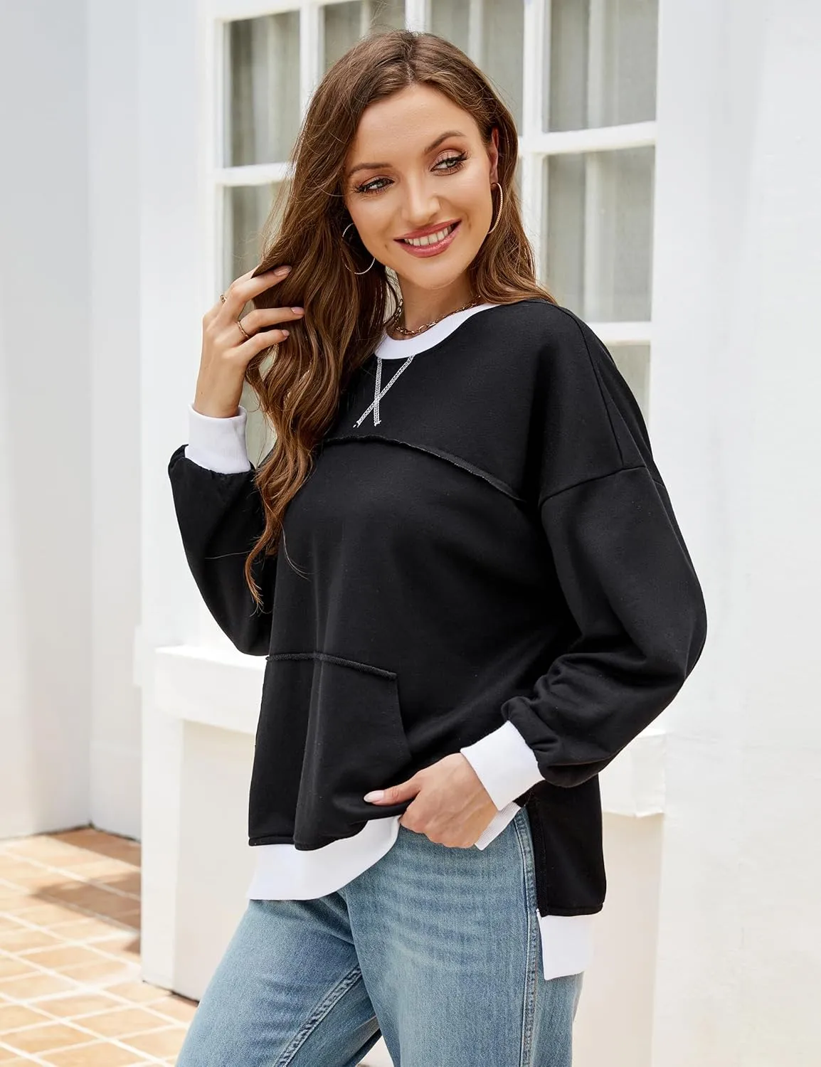 BMJL Women's Oversized Sweatshirts Casual Crewneck Pullover Hoodies Color Block Reverse Seam Y2K Fall Shirts