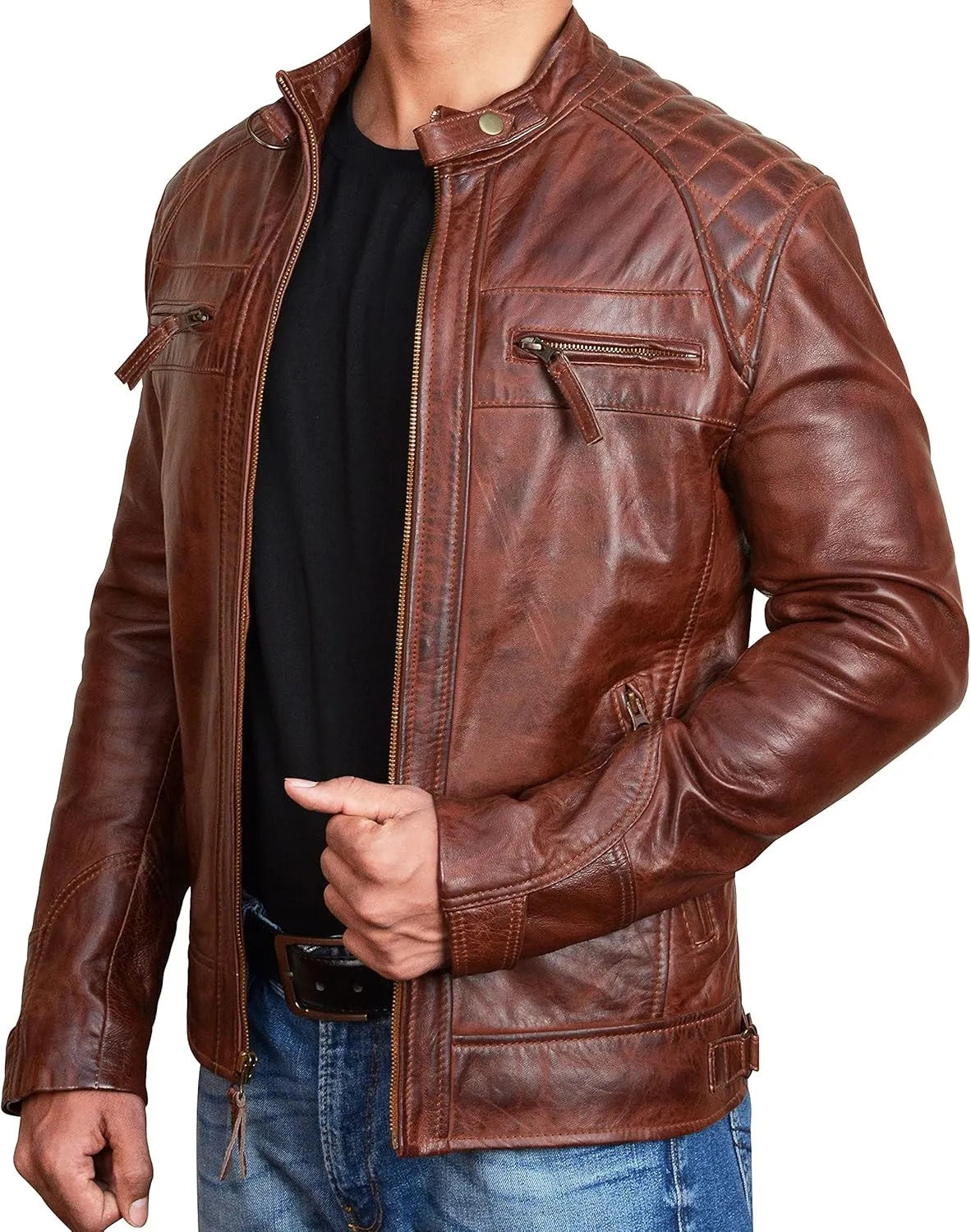 Cafe Racer Brown Leather Jacket Men - Brown Real Lambskin Leather Biker Jacket