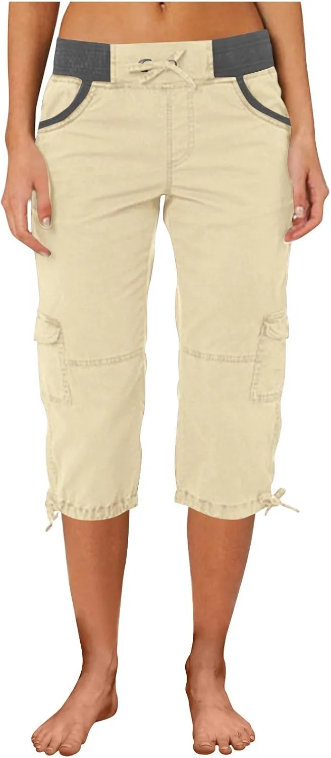 Capri Pants for Women Summer Cargo Capris with Pockets Drawstring Casual Hiking Solid Elastic Waist Cropped Trousers