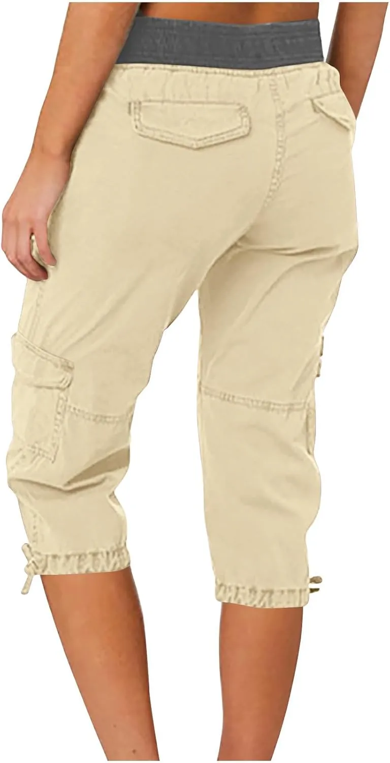 Capri Pants for Women Summer Cargo Capris with Pockets Drawstring Casual Hiking Solid Elastic Waist Cropped Trousers