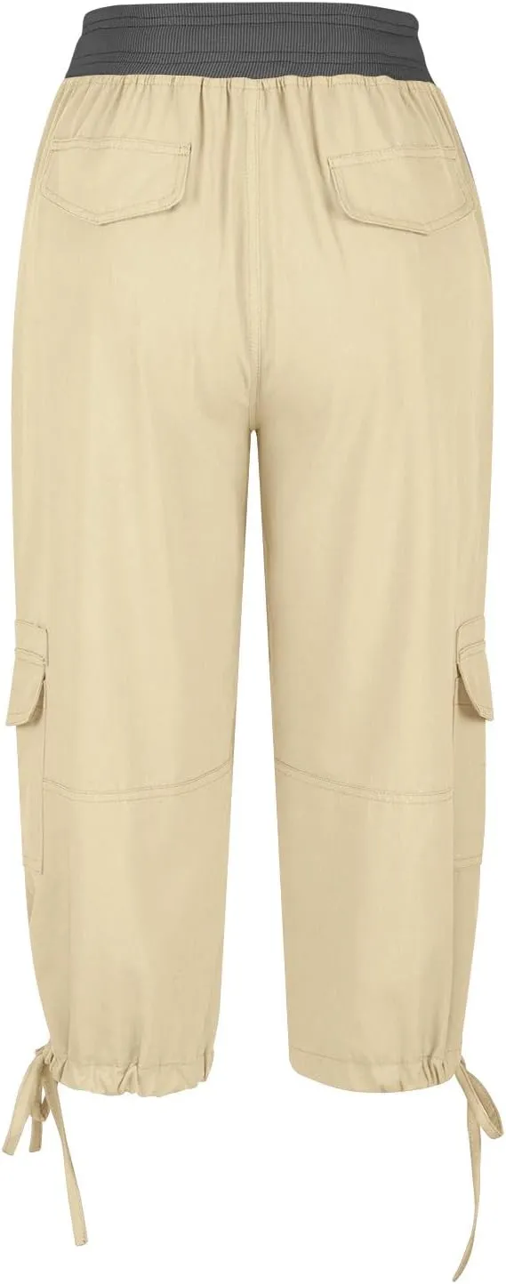 Capri Pants for Women Summer Cargo Capris with Pockets Drawstring Casual Hiking Solid Elastic Waist Cropped Trousers