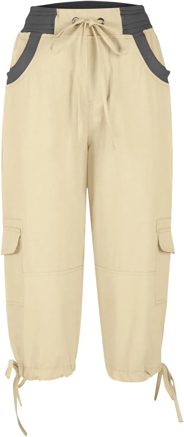 Capri Pants for Women Summer Cargo Capris with Pockets Drawstring Casual Hiking Solid Elastic Waist Cropped Trousers
