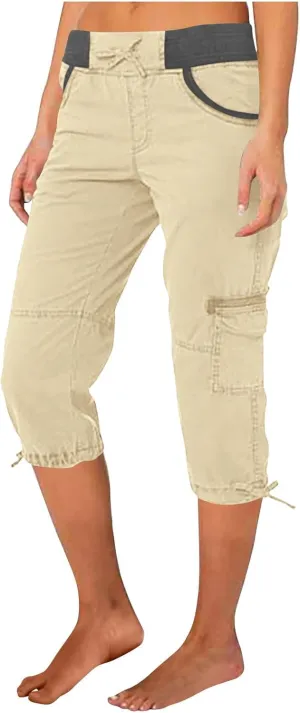 Capri Pants for Women Summer Cargo Capris with Pockets Drawstring Casual Hiking Solid Elastic Waist Cropped Trousers
