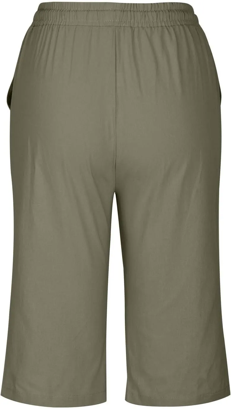 Capris Pants for Women Cotton Linen Summer 2025 Straight Wide Leg Loose Drawstring Elastic Waist Cropped Trouser