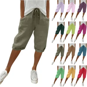 Capris Pants for Women Cotton Linen Summer 2025 Straight Wide Leg Loose Drawstring Elastic Waist Cropped Trouser