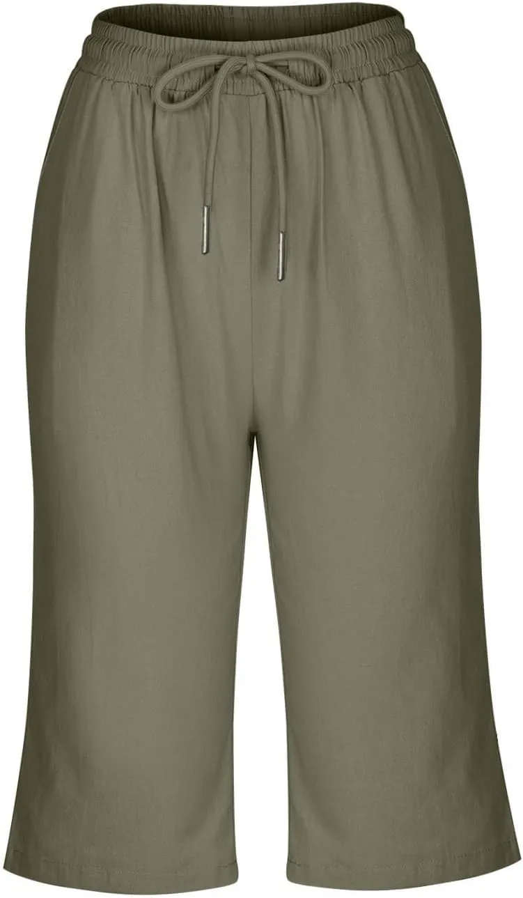 Capris Pants for Women Cotton Linen Summer 2025 Straight Wide Leg Loose Drawstring Elastic Waist Cropped Trouser
