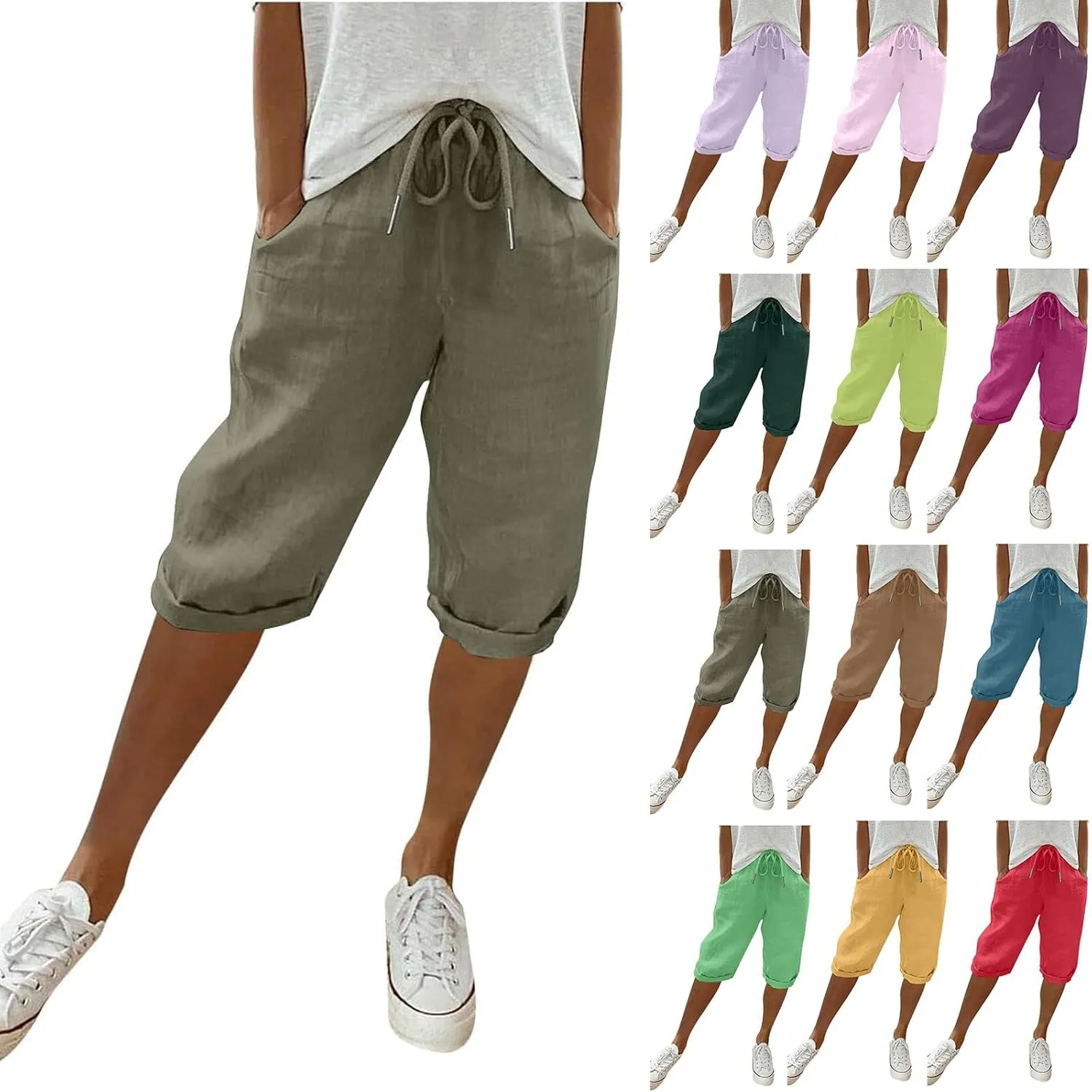 Capris Pants for Women Cotton Linen Summer 2025 Straight Wide Leg Loose Drawstring Elastic Waist Cropped Trouser