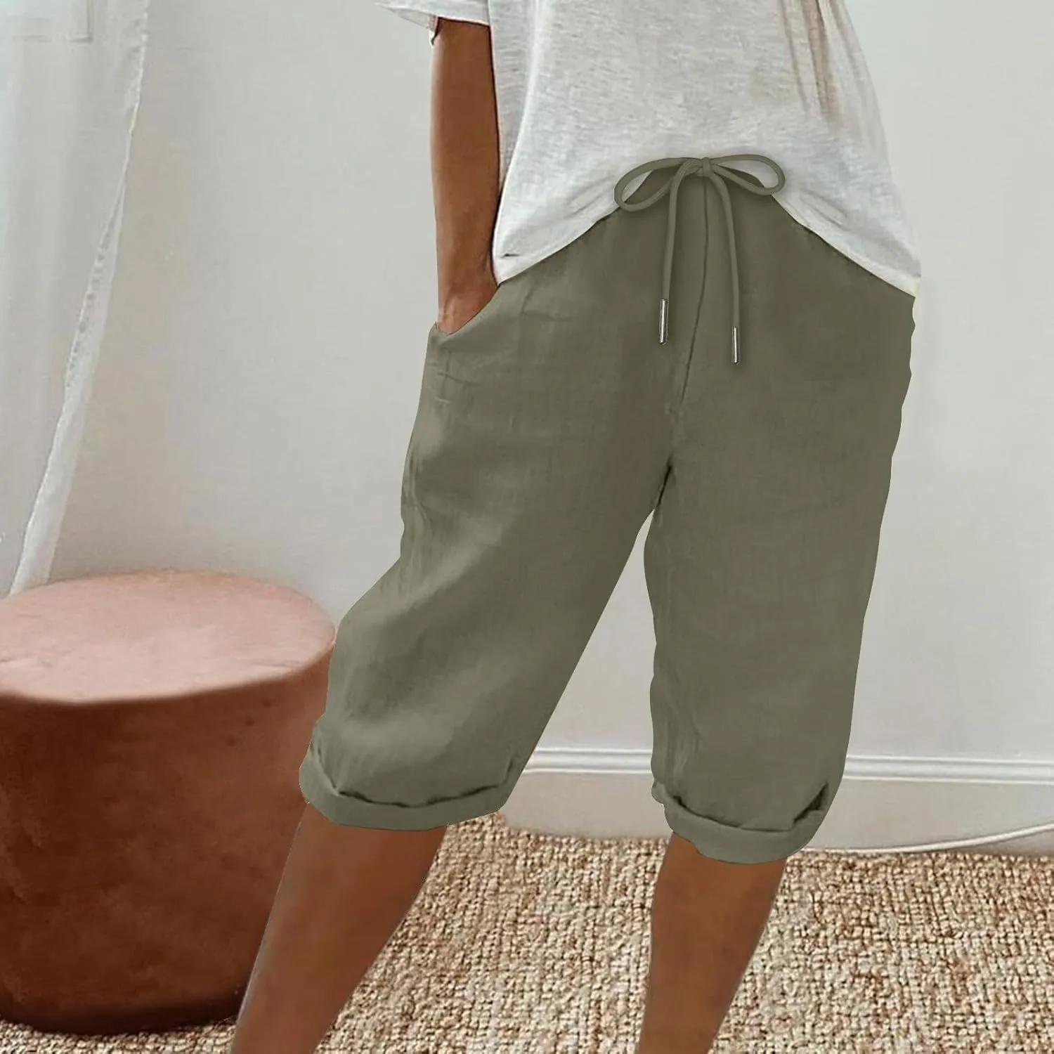 Capris Pants for Women Cotton Linen Summer 2025 Straight Wide Leg Loose Drawstring Elastic Waist Cropped Trouser