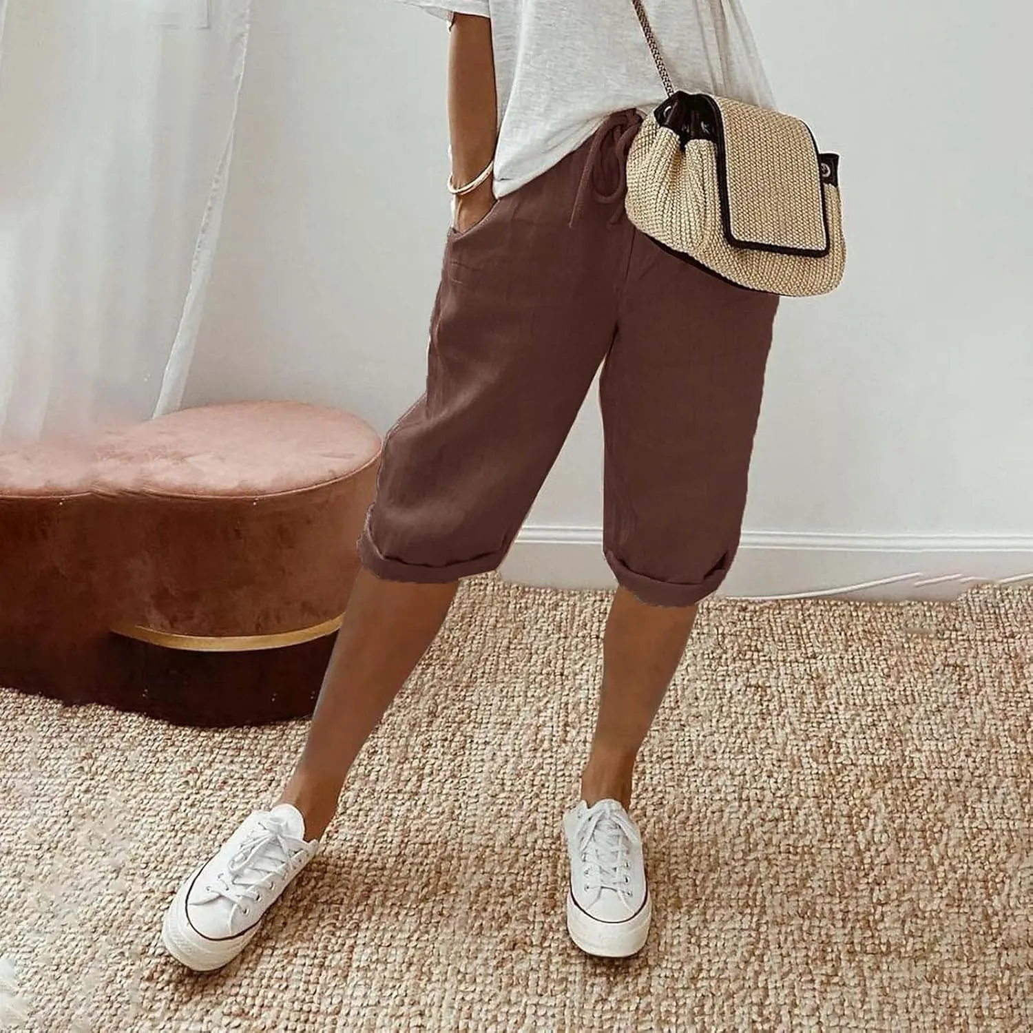 Capris Pants for Women Pants Ladies Loose Drawstring Casual Solid Color Shorts Beach Clothes Linen Pants Women