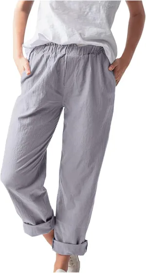 Casual Pants for Women Solid Color Elastic High Wasited Comfy Trousers with Pockets Cotton Linen Drawstring Pants