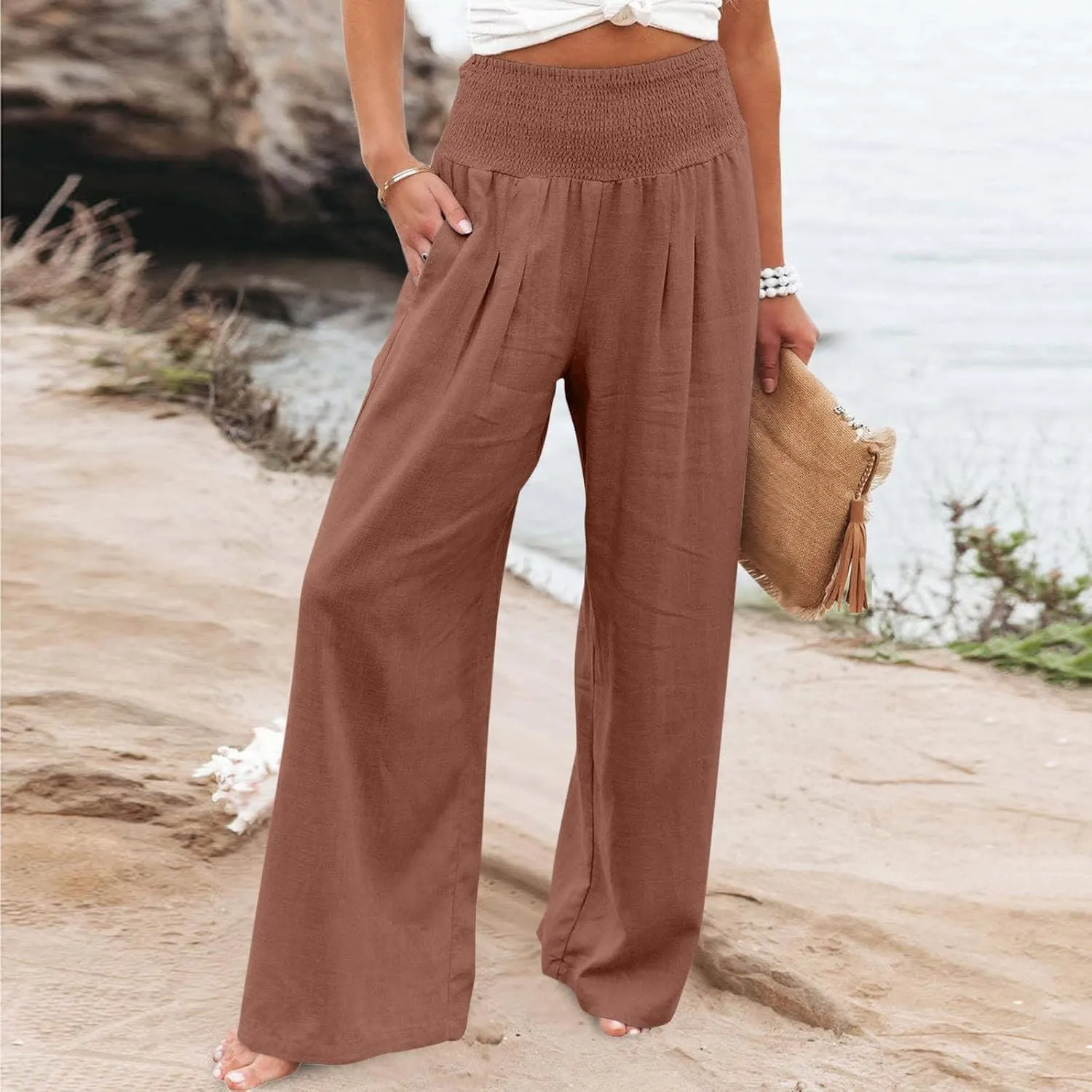 Casual Women Linen Pants Summer Baggy Palazzo Pants Baggy High Waist Loose Slacks Beach Long Trousers 2025 Trendy