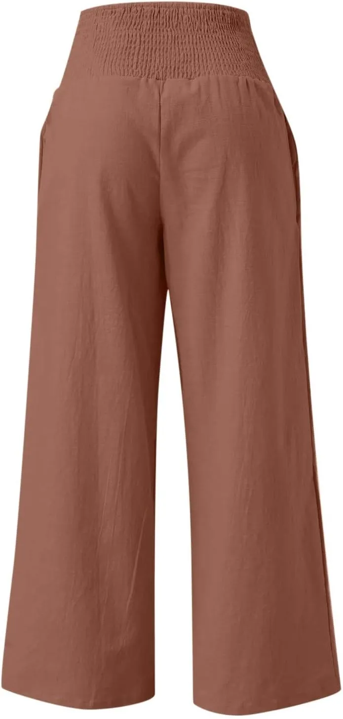 Casual Women Linen Pants Summer Baggy Palazzo Pants Baggy High Waist Loose Slacks Beach Long Trousers 2025 Trendy