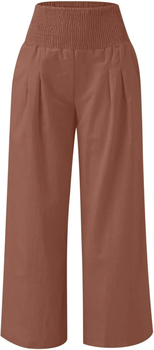 Casual Women Linen Pants Summer Baggy Palazzo Pants Baggy High Waist Loose Slacks Beach Long Trousers 2025 Trendy