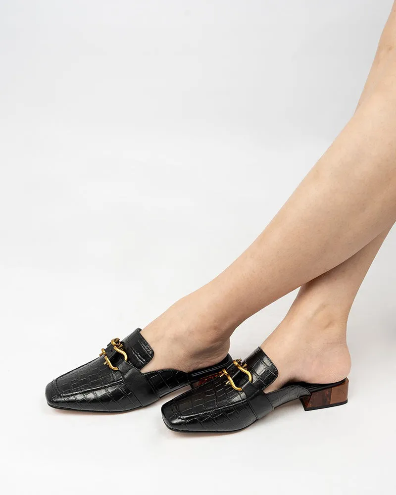 Chain Decor Embossed Low Heel Block Mules