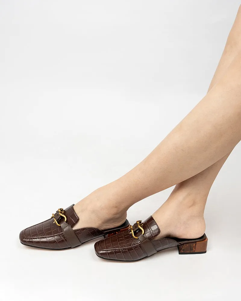 Chain Decor Embossed Low Heel Block Mules