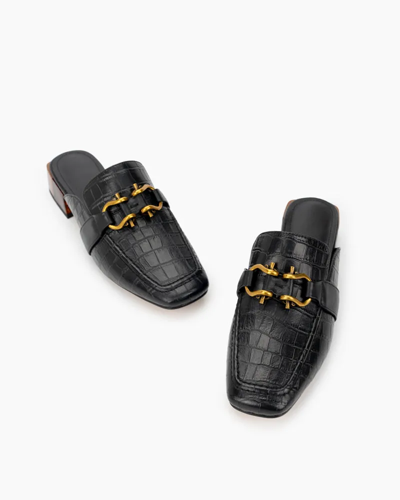 Chain Decor Embossed Low Heel Block Mules