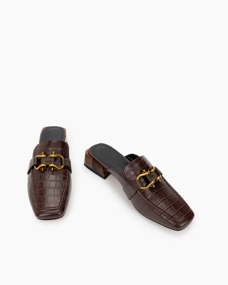 Chain Decor Embossed Low Heel Block Mules