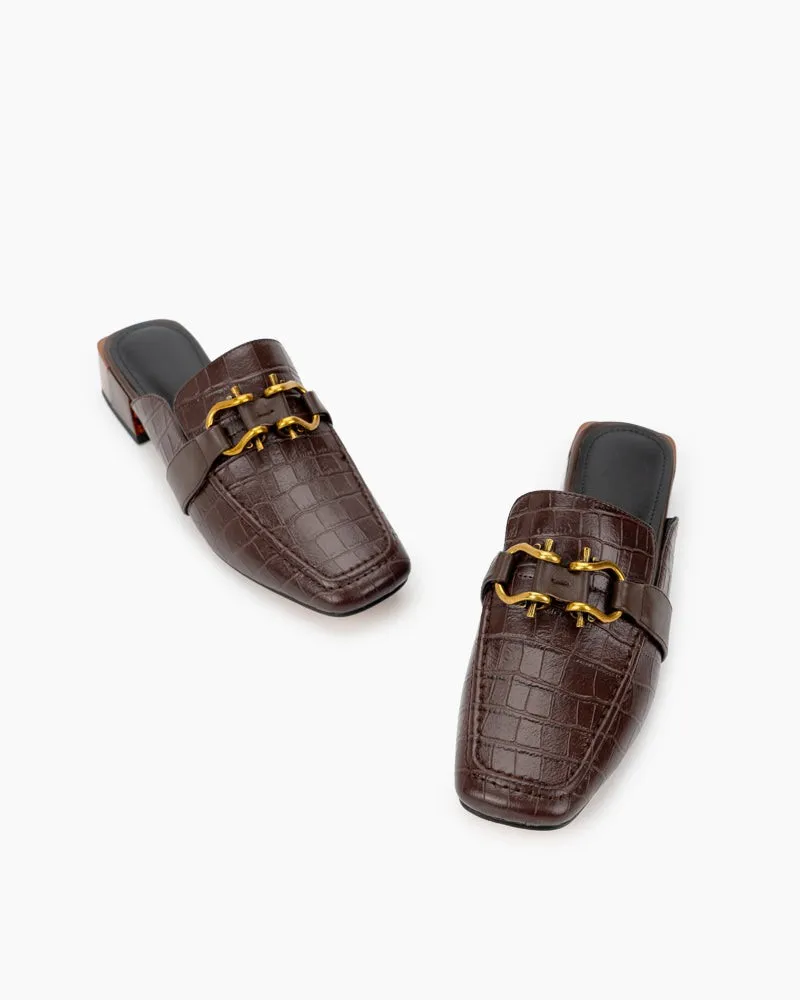Chain Decor Embossed Low Heel Block Mules