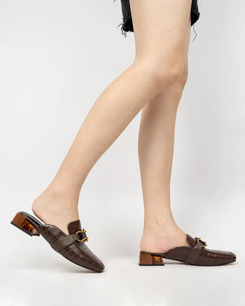 Chain Decor Embossed Low Heel Block Mules