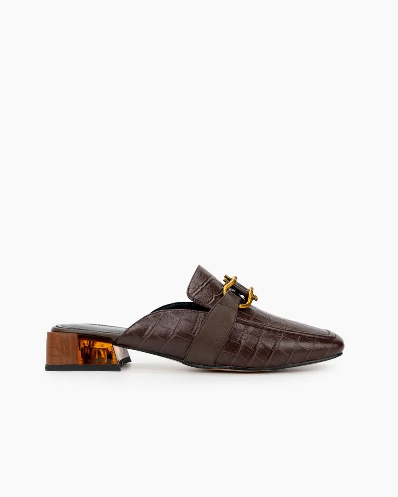 Chain Decor Embossed Low Heel Block Mules