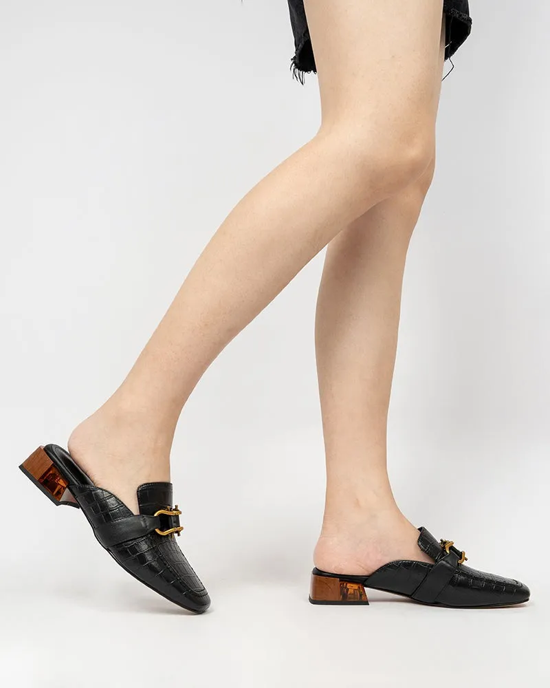 Chain Decor Embossed Low Heel Block Mules