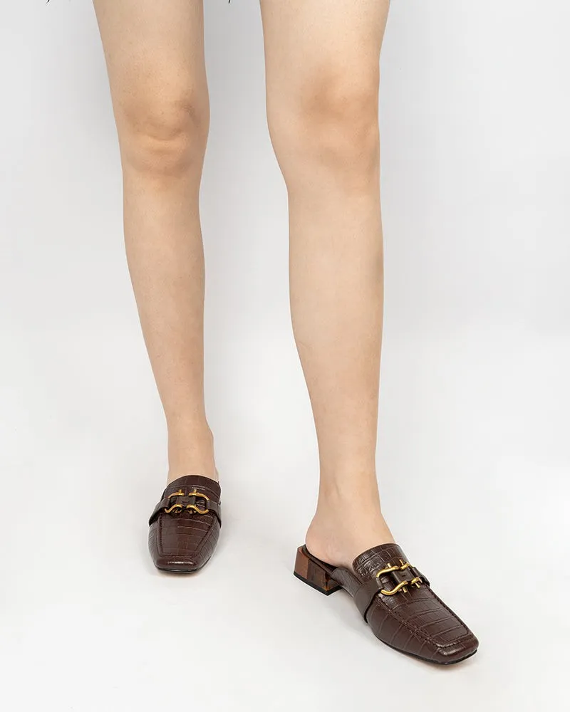 Chain Decor Embossed Low Heel Block Mules
