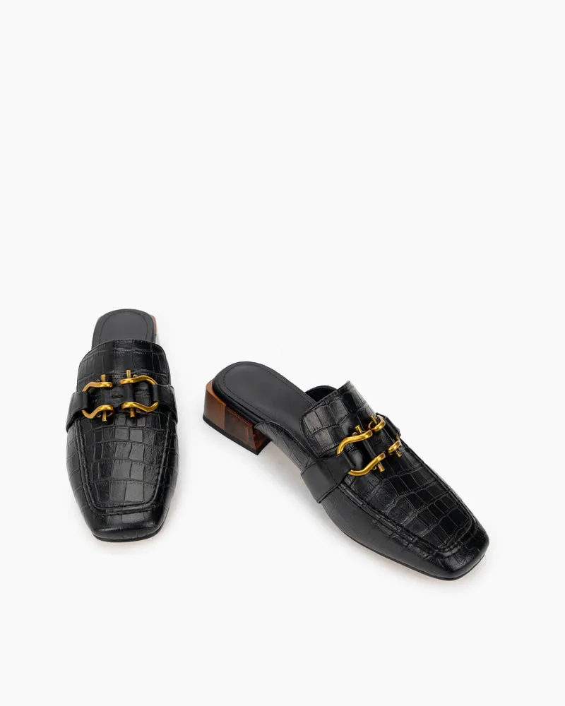 Chain Decor Embossed Low Heel Block Mules