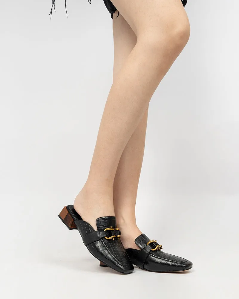 Chain Decor Embossed Low Heel Block Mules