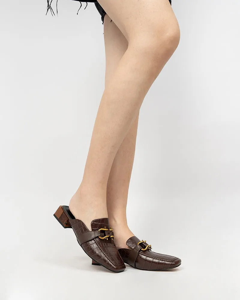 Chain Decor Embossed Low Heel Block Mules