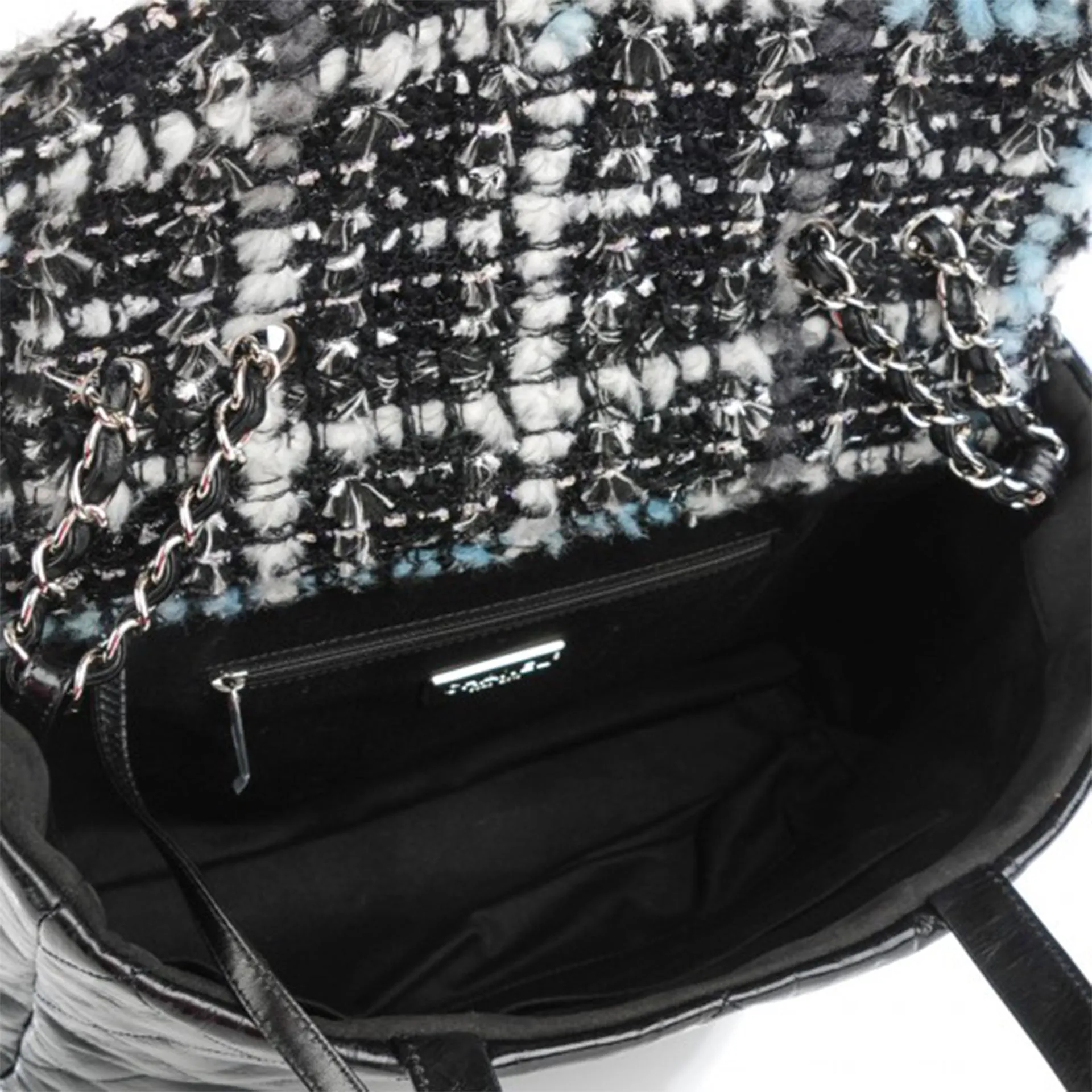 Chanel Vintage Black Blue Glazed Calfskin Quilted Tweed Portobello Tote