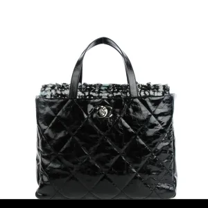 Chanel Vintage Black Blue Glazed Calfskin Quilted Tweed Portobello Tote