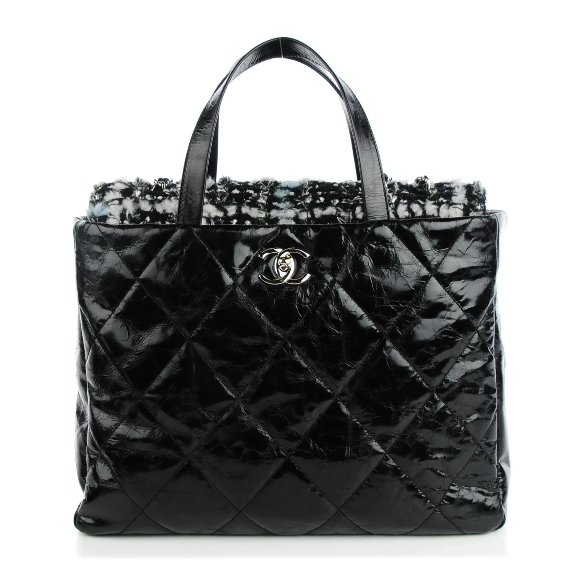 Chanel Vintage Black Blue Glazed Calfskin Quilted Tweed Portobello Tote