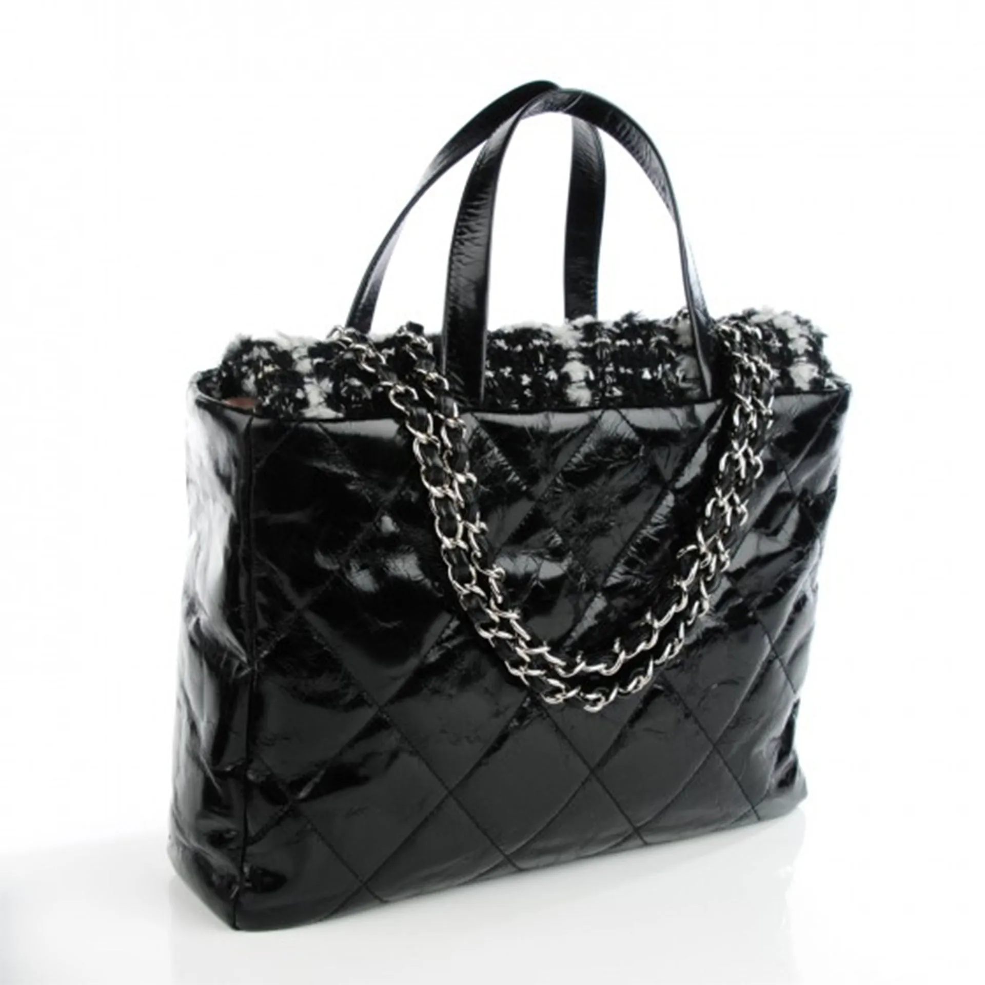 Chanel Vintage Black Blue Glazed Calfskin Quilted Tweed Portobello Tote