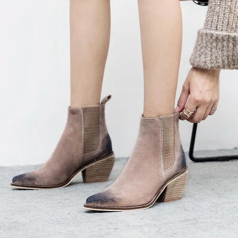 Chicvane New Chunky Heel Pointed Toe Ankle Boots For Women