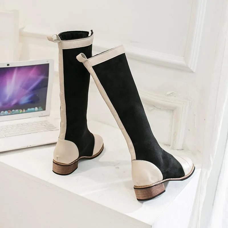 Chicvane New Two Color Mixed Chunky Buckle Zipper Closure Round Heel Mid Calf Boots