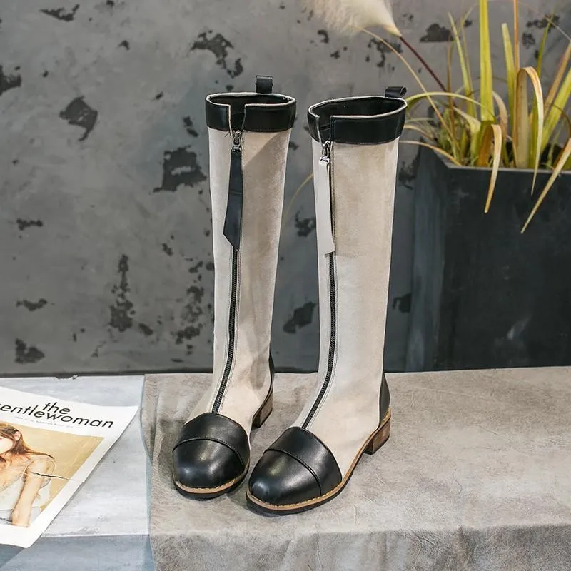 Chicvane New Two Color Mixed Chunky Buckle Zipper Closure Round Heel Mid Calf Boots