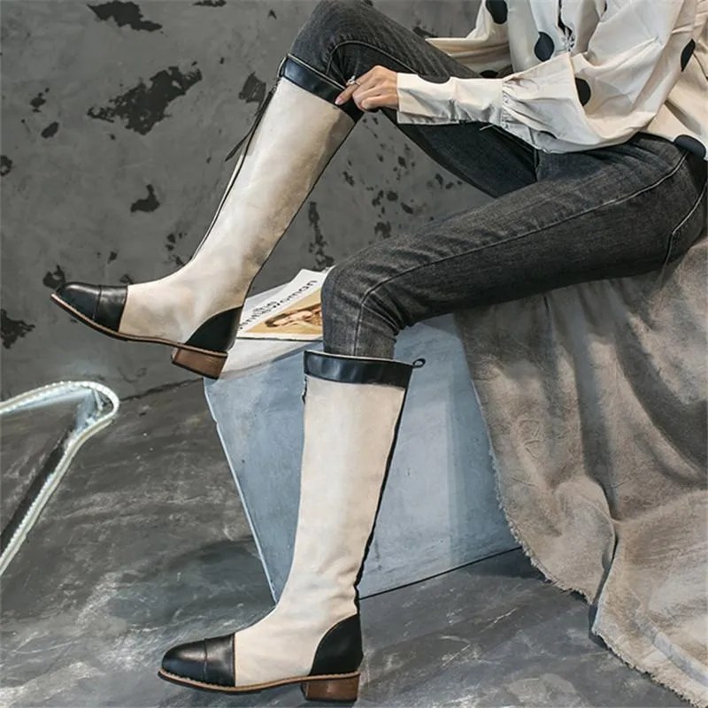 Chicvane New Two Color Mixed Chunky Buckle Zipper Closure Round Heel Mid Calf Boots