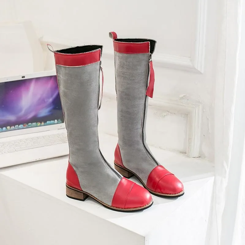 Chicvane New Two Color Mixed Chunky Buckle Zipper Closure Round Heel Mid Calf Boots