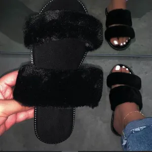 Chicvane Women's Rhinestone Cutout Fuzzy Faux Fur Slide Slippers